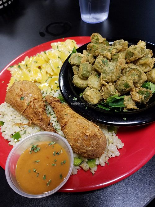 Fried "Chiken Drumstiks" on a bed of rice with a sweet spicy sauce, fried okra and Mac & Cheez bowties! at The Reizod Vegan Experience in Columbia