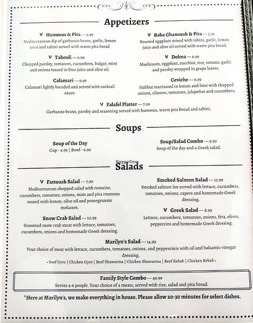 Menu at Marilyn's Mediterranean Kitchen in Simi Valley