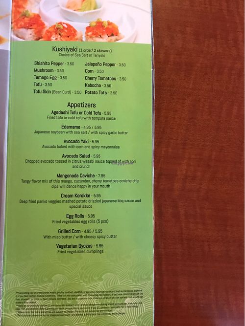 Vegetarian menu page 1 at Blufin Sushi in Fresno