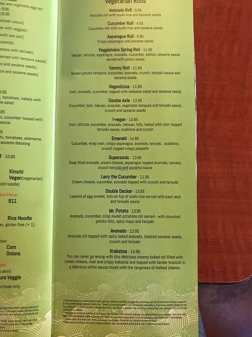 Vegetarian menu page 3 at Blufin Sushi in Fresno