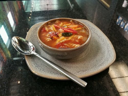 Vegan minestrone with Daiya and gluten free pasta at Kicking Horse Cafe in Invermere