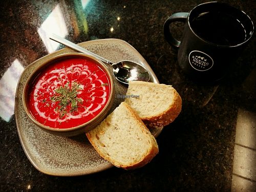 Vegan borscht and fresh baked bread at Kicking Horse Cafe in Invermere