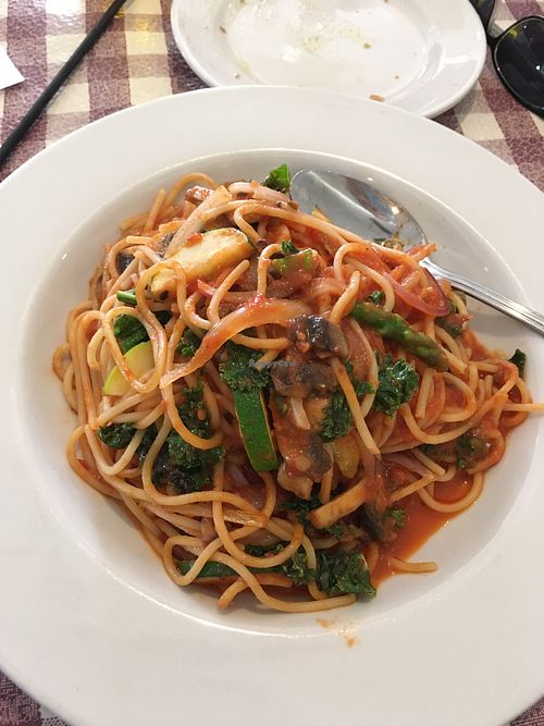Spaghetti with red sauce and chef’s veggies at Zia's Caffe in Kaneohe
