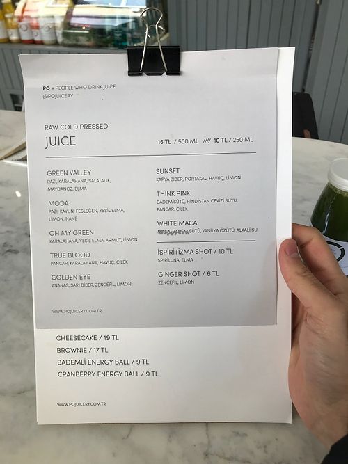 Juice Menu at PO Juicery in Istanbul