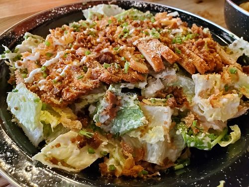 Caesar salad with seitan chicken at Rudy's Dirty Vegan Diner in North West London