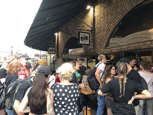 The massive queue outside at Rudy's Dirty Vegan Diner in North West London