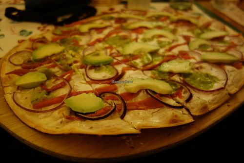 F35 from the special spring menu: Salmon & Avocado (vegan) (with vegan cream, carrot-based salmon, red onions, avocado, and guacamole) at Flammerie Alt-Saarbrücken in Saarbrucken