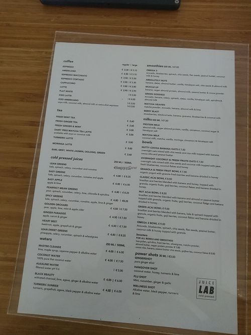 Their menu at Juice Lab in Amsterdam
