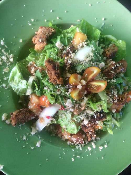 Vegan salad with meatballs at Cacao Flow in Jimbaran