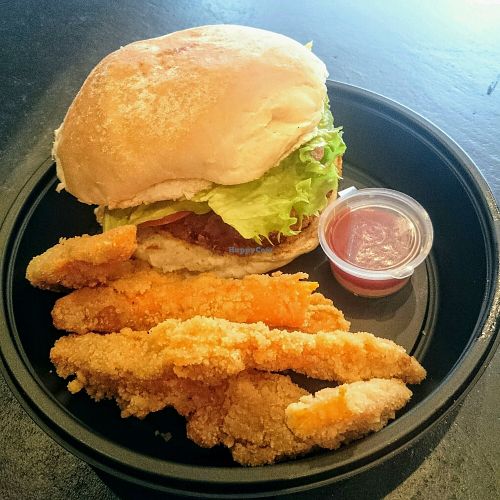 sweet potato burger with sweet potato fries at Marees Sauces and Food in London