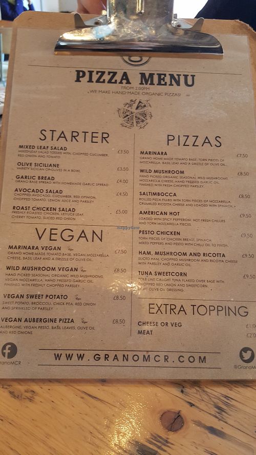 Pizza menu at Grano in Manchester