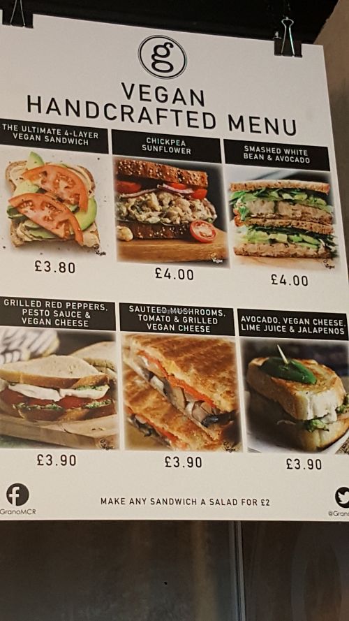 Vegan sandwich menu at Grano in Manchester
