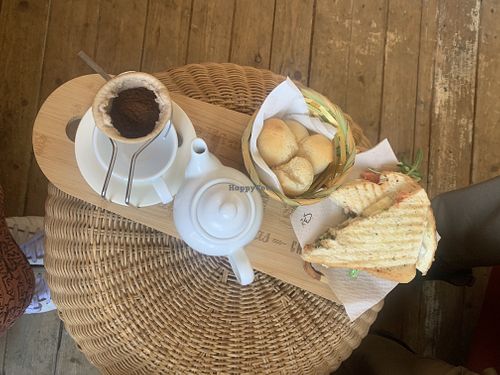 Mustard tosti, cheese balls & Brazilian filter coffee  at Veggie in Rotterdam