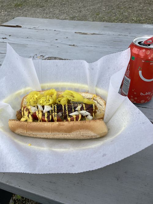 Vegan Chicago dog on a gluten free bun   at The Moody Dog - Food Truck in Belfast