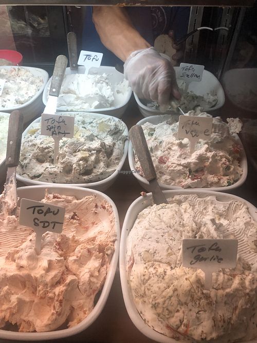 Vegan cream cheese flavors! at Tompkins Square Bagels in New York City
