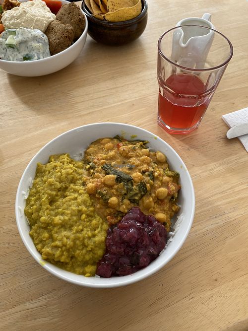 Chickpea and coconut curry & blackcurrant kombucha   at Vega in Tintagel