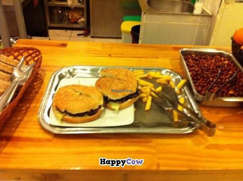 The delicious burger with french fries at Loving Hut in Valencia