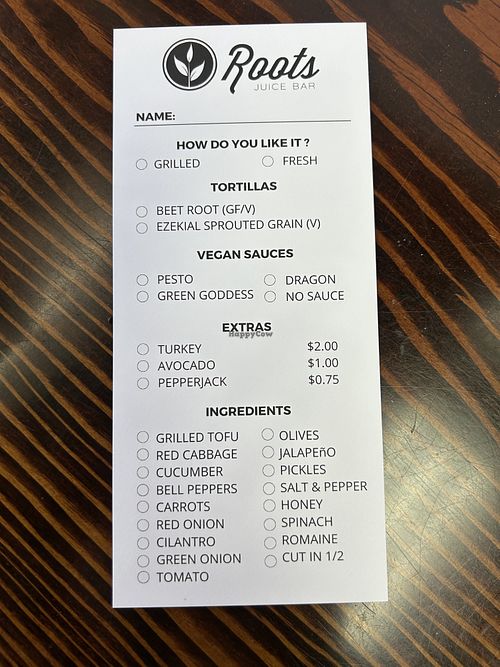 Wrap order sheet   at Roots Juice Bar - Churn Creek in Redding