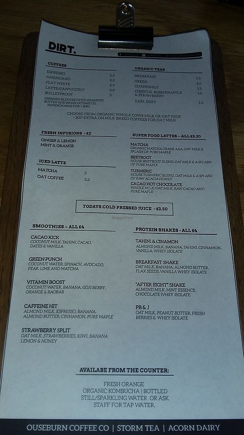 Drinks menu at Dirt Health in Newcastle Upon Tyne