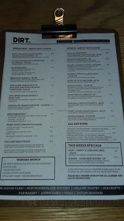 Food menu at Dirt Health in Newcastle Upon Tyne