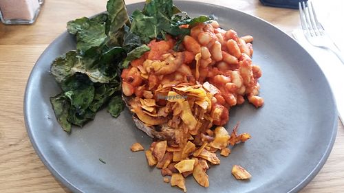 Smokey cannellini beans with salted crispy kale on sour dough at Dirt Health in Newcastle Upon Tyne