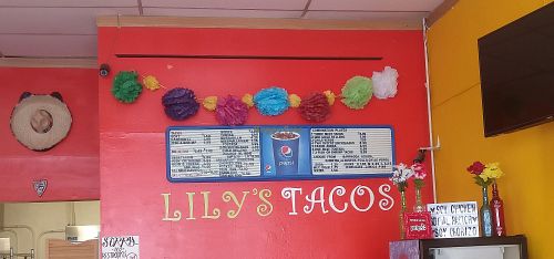 Entrance, menu with mini menu at Lily's Tacos in Santa Ana