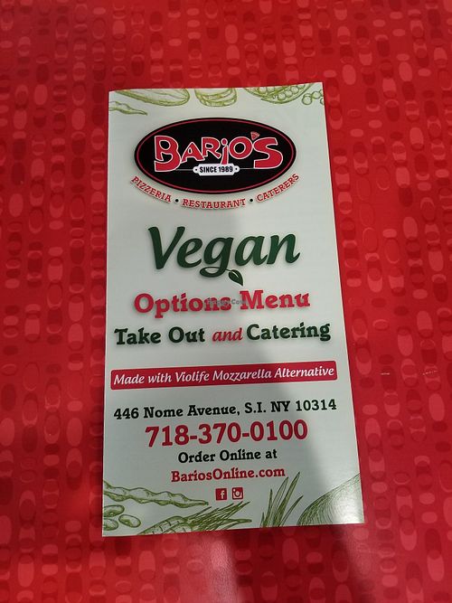 Entire vegan menu at Bario's Pizza in Staten Island