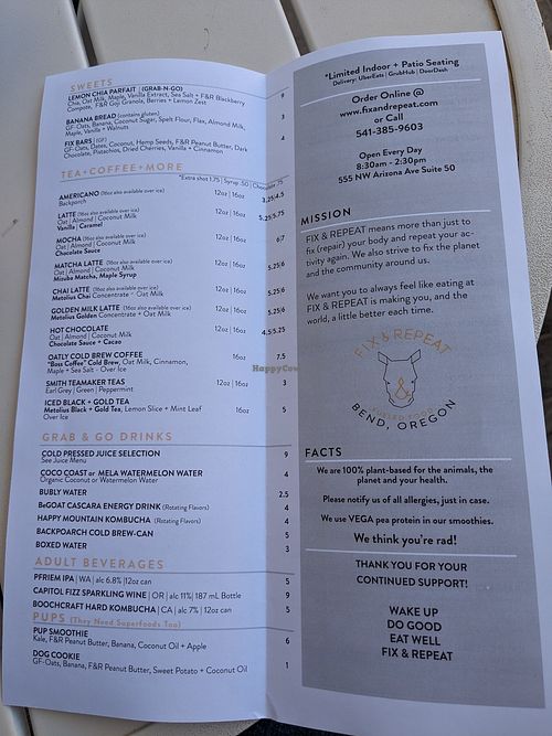 Menu at Fix & Repeat in Bend