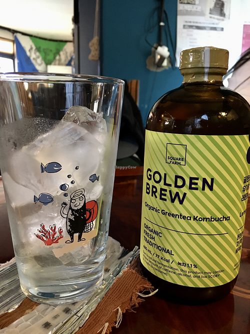 Locally brewed kombucha (made with green tea - this one is lemon balm flavoured)  at And 유 (Yu) Cafe in Jeju