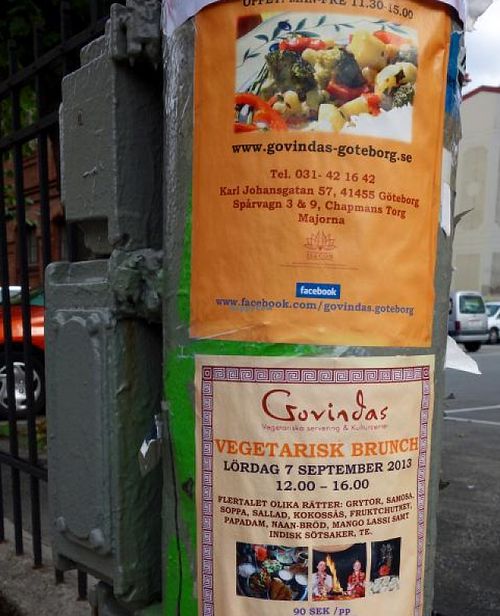 Advertisement posters in Gothenburg. at Govindas in Gothenburg