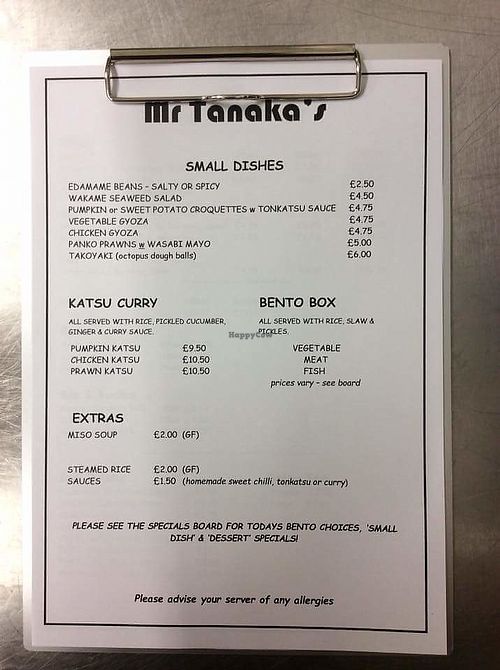 Standard menu (+ the specials menu changes daily) at Mr Tanaka's in Hertford