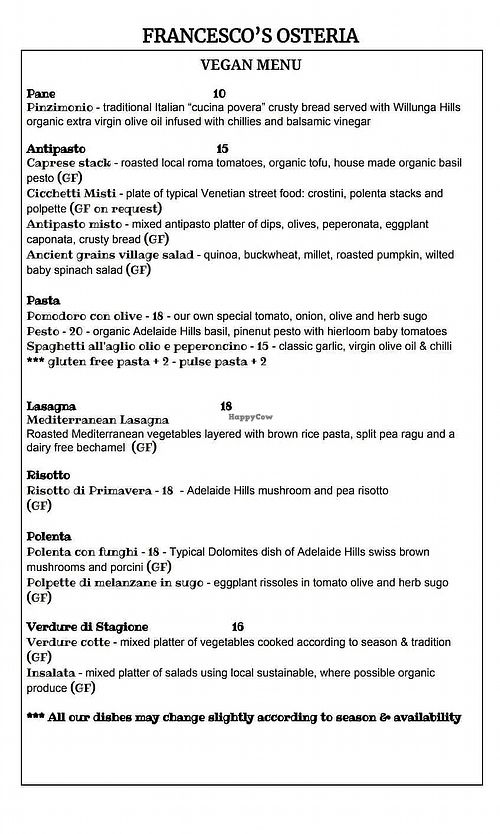 menu pg 1 of 2 at Francesco's Osteria in Torrensville