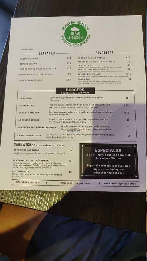 Menu at Urban Greenhouse in Panama City