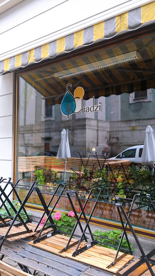 outside at Schadzi Cafe in Linz