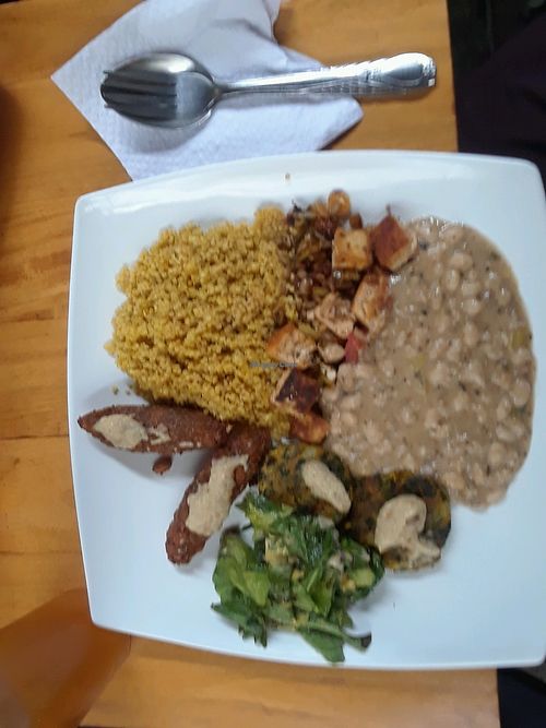Quinoa, tofu, white beans, spinach patties, green salad, kibbeh with baba ganoush at Soul Veggie in Bogota