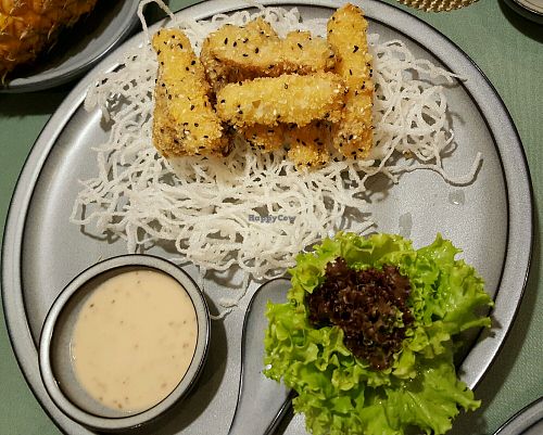Selected fried rolls: sweet potato, purple sweet potato, pineapple, king oyster mushrooms at Pho Da Chay in Hanoi