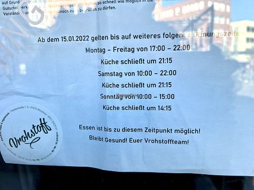 opening hours 2022  at Vrohstoff in Wurzburg