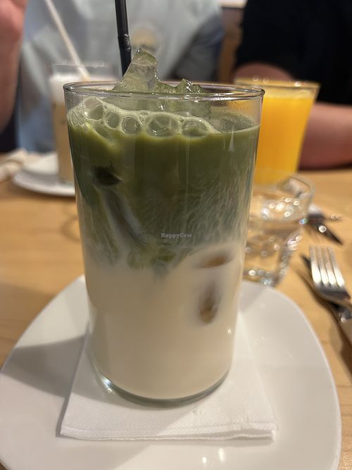 Ice green tea latte with soy milk   at Maiatza in San Sebastian