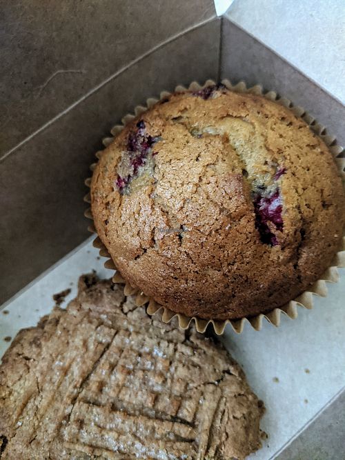Vegan berry muffin, and vegan/gf peanut butter cookie. Amazing!! at Caffrodite Community Collective in Ventura