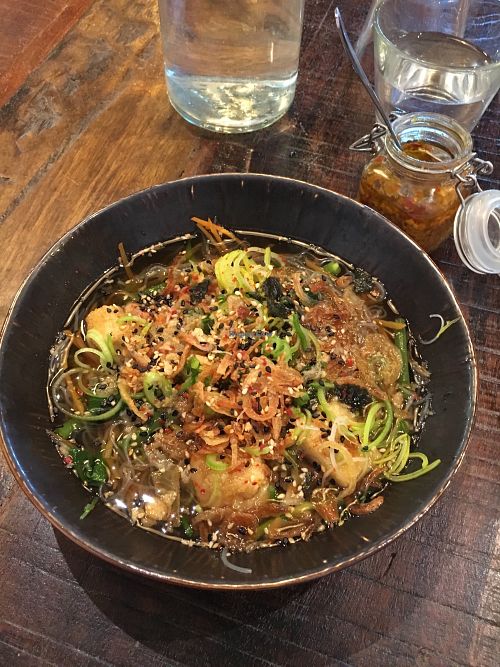Vegetarian Lomi and superb garlic and chili paste.  at Pobrecito in Helsinki