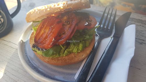 Vegan smashed avo, rocket, tomato and balsamic bagel at No35 Harrogate Coffee in Harrogate