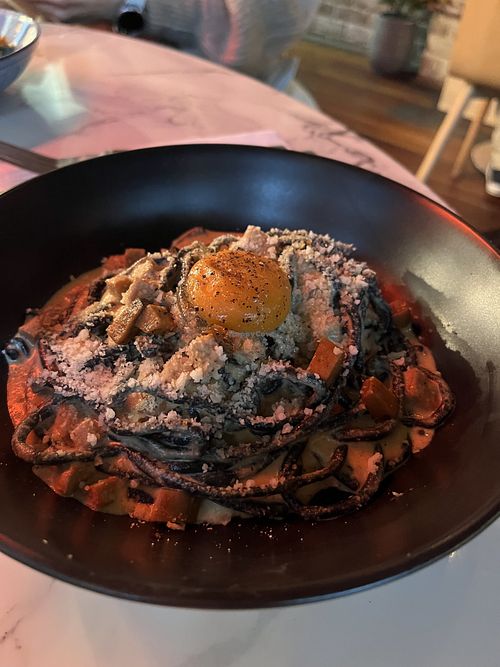 Charcoal Bucatini (with vegan egg)  at Mark & Vinny's Spaghetti & Spritz in Surry Hills
