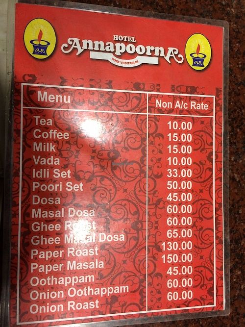 menu at Hotel Annapoorna in Thiruvananthapuram