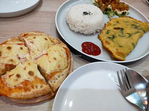 Soycheese Pizza and Vegan Omelette Rice at iVegan Pizza in Tangerang
