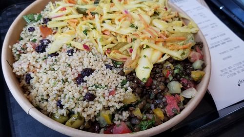 Couscous, two kinds of lentil, pea and radish, cabbage with mustard dressing. at La Cantine Monop'daily in Neuilly-sur-seine