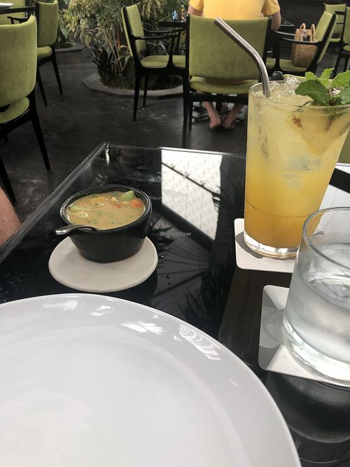 Mocktail with Pandan syrup and a complimentary soup at Merah Putih in Seminyak