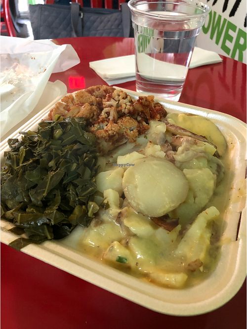 Greens, loaded potatoes, BBQ cauliflower = yum! at Sweet Soulfood in New Orleans