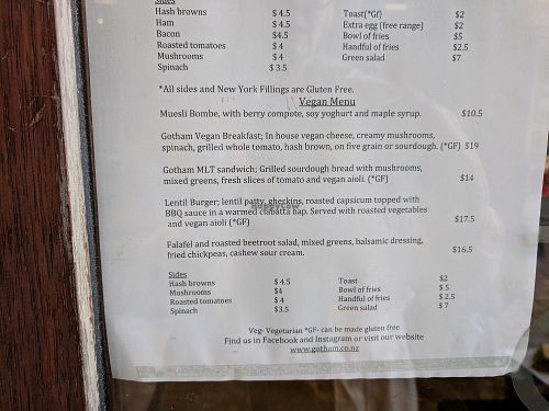 Vegan section of the menu at Gotham in Wellington