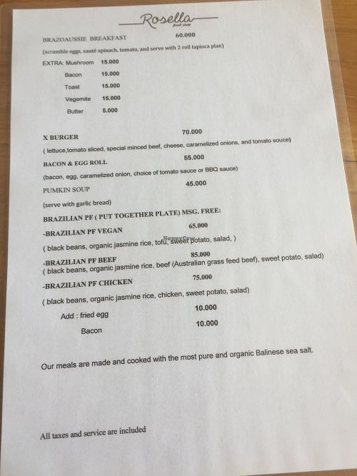 Menu at Rosella in Pecatu