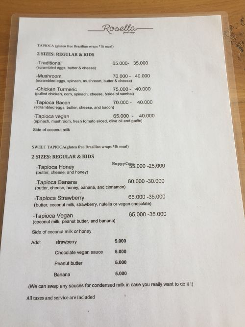 Menu at Rosella in Pecatu